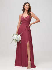 Sexy Cowl Neck Ruched Chiffon Long Dress with Slit Cinnamon Rose