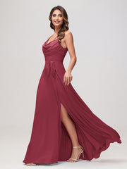 Sexy Cowl Neck Ruched Chiffon Long Dress with Slit Cinnamon Rose