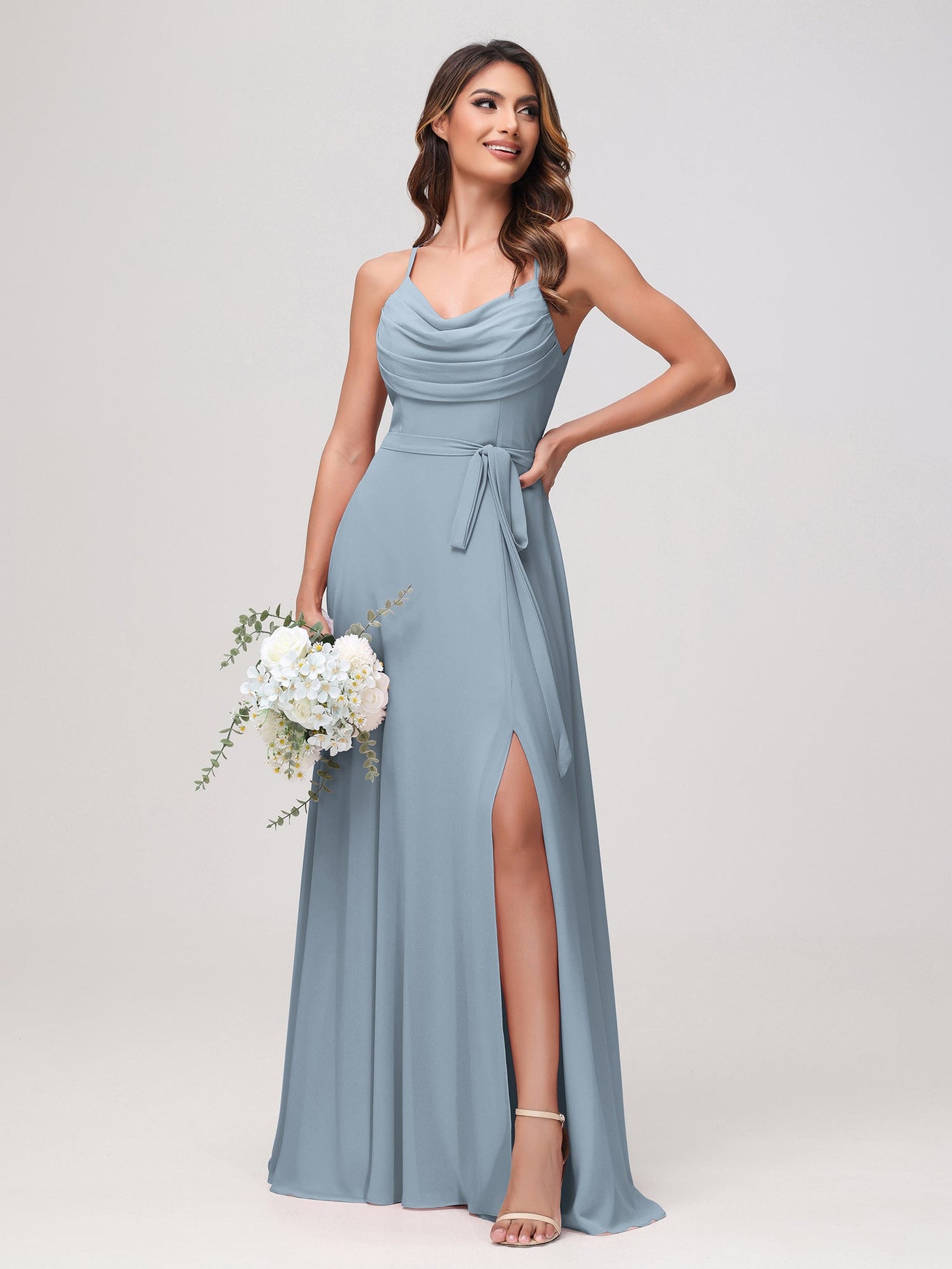 grey blue bridesmaid dresses uk V-neck Dusty Blue Bridesmaid Dresses Long Backless Split Bridesmaid Dress DTB236 DressTok.co.uk