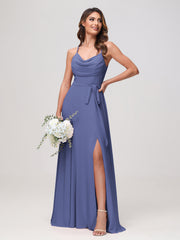 Sexy Cowl Neck Ruched Chiffon Long Dress with Slit Periwinkle