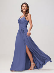 Sexy Cowl Neck Ruched Chiffon Long Dress with Slit Periwinkle