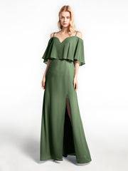 Cold-Shoulder Ruffled Dress with Flounce Overlay Olive Green