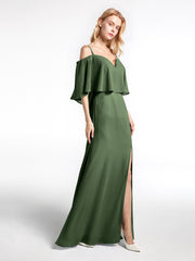 Cold-Shoulder Ruffled Dress with Flounce Overlay Olive Green