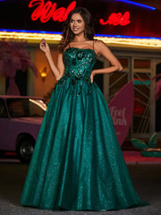 Spaghetti Straps Flower Appliqued Tulle Dress Dark Green Plus Size