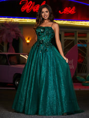 Spaghetti Straps Flower Appliqued Tulle Dress Dark Green Plus Size