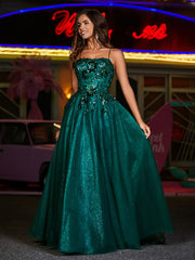 Spaghetti Straps Flower Appliqued Tulle Dress Dark Green Plus Size