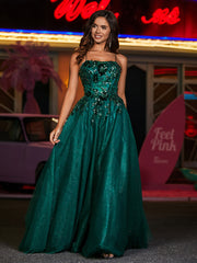 Spaghetti Straps Flower Appliqued Tulle Dress Dark Green Plus Size