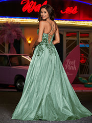 Spaghetti Straps Flower Appliqued Tulle Dress Dusty Sage