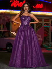 Spaghetti Straps Flower Appliqued Tulle Dress Grape Plus Size