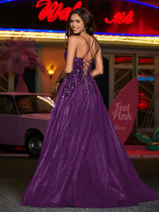 Spaghetti Straps Flower Appliqued Tulle Dress Grape