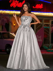 Spaghetti Straps Flower Appliqued Tulle Dress Silver Plus Size