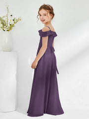 Off-the-shoulder Junior Bridesmaid Dresses with Sash Plum