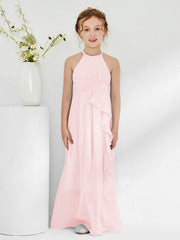 Halter Neckline A-line Chiffon Junior Bridesmaid Dresses Blushing Pink