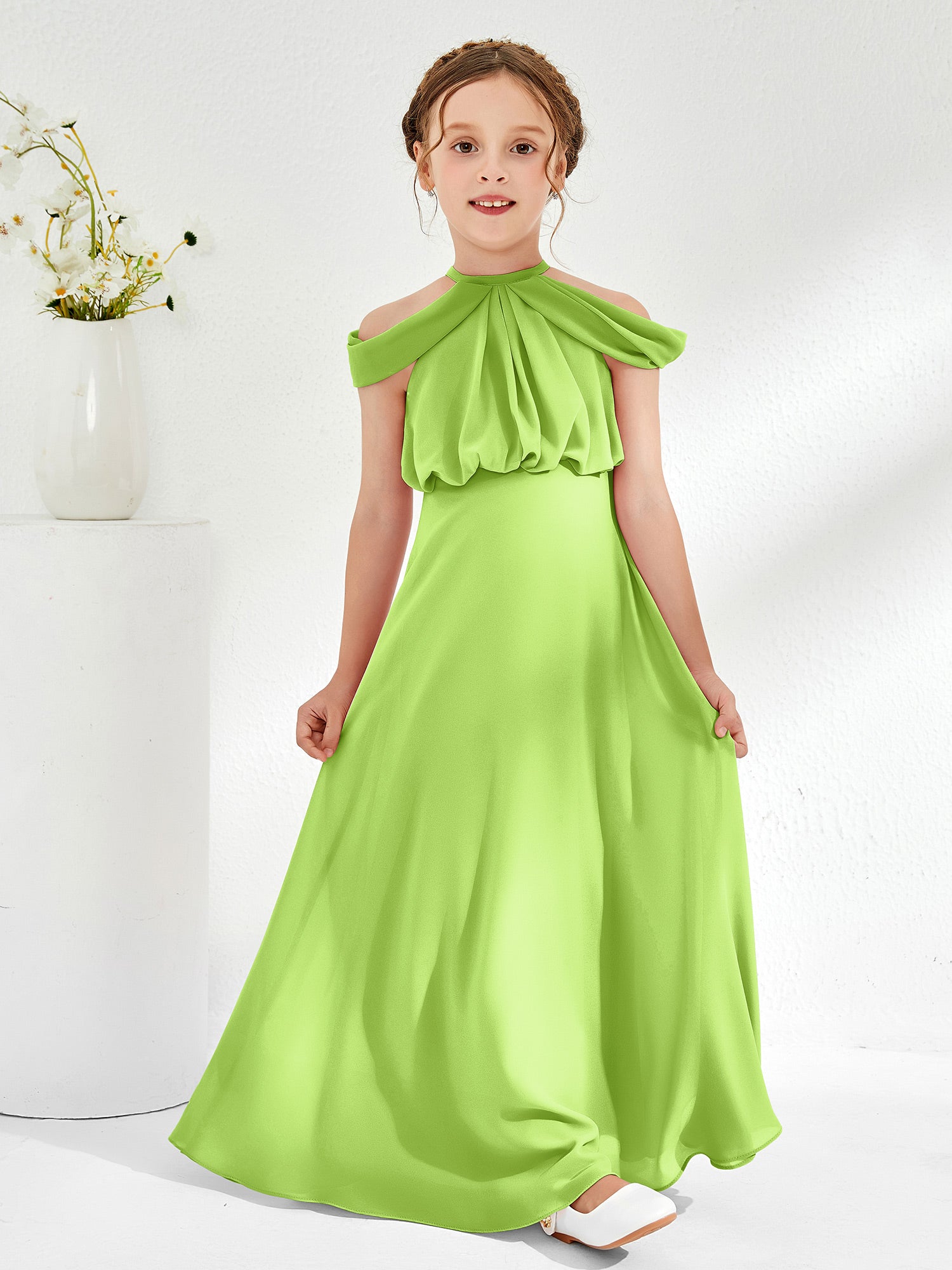 BABARONI Chiffon Lime Green Junior Bridesmaid Dresses A-line Halter ...