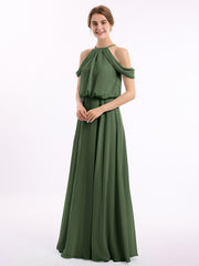 Off-Shoulder Halter Chiffon Dress with Blouson Bodice Olive Green