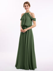 Off-Shoulder Halter Chiffon Dress with Blouson Bodice Olive Green