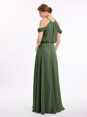Off-Shoulder Halter Chiffon Dress with Blouson Bodice Olive Green