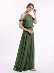 Off-Shoulder Halter Chiffon Dress with Blouson Bodice Olive Green
