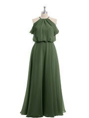 Off-Shoulder Halter Chiffon Dress with Blouson Bodice Olive Green