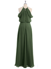 Off-Shoulder Halter Chiffon Dress with Blouson Bodice Olive Green