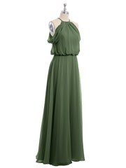 Off-Shoulder Halter Chiffon Dress with Blouson Bodice Olive Green