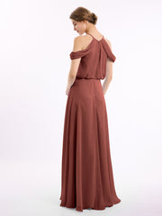 Off-Shoulder Halter Chiffon Dress with Blouson Bodice Terracotta