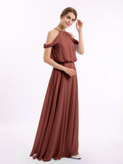 Off-Shoulder Halter Chiffon Dress with Blouson Bodice Terracotta