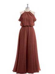 Off-Shoulder Halter Chiffon Dress with Blouson Bodice Terracotta