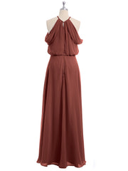 Off-Shoulder Halter Chiffon Dress with Blouson Bodice Terracotta