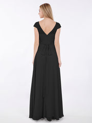 Lace and Chiffon Long Dress with Cap Sleeves Plum