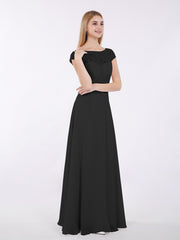 Lace and Chiffon Long Dress with Cap Sleeves Plum