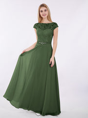Lace and Chiffon Long Dress with Cap Sleeves Olive Green
