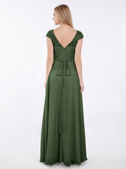 Lace and Chiffon Long Dress with Cap Sleeves Olive Green