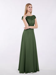 Lace and Chiffon Long Dress with Cap Sleeves Olive Green