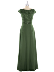 Lace and Chiffon Long Dress with Cap Sleeves Olive Green