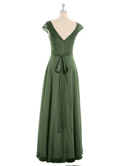 Lace and Chiffon Long Dress with Cap Sleeves Olive Green