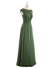 Lace and Chiffon Long Dress with Cap Sleeves Olive Green