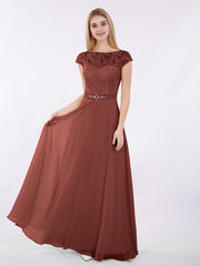 Lace and Chiffon Long Dress with Cap Sleeves Terracotta