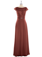 Lace and Chiffon Long Dress with Cap Sleeves Terracotta