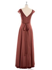 Lace and Chiffon Long Dress with Cap Sleeves Terracotta