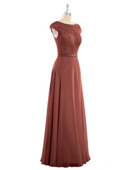 Lace and Chiffon Long Dress with Cap Sleeves Terracotta