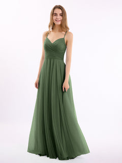 Long Spaghetti Straps Tulle Dress with Sweetheart Neck Olive Green