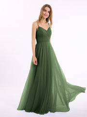 Long Spaghetti Straps Tulle Dress with Sweetheart Neck Olive Green