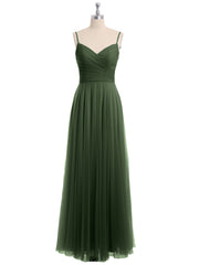 Long Spaghetti Straps Tulle Dress with Sweetheart Neck Olive Green