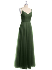 Long Spaghetti Straps Tulle Dress with Sweetheart Neck Olive Green