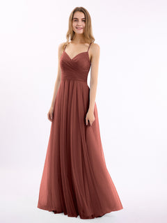 Long Spaghetti Straps Tulle Dress with Sweetheart Neck Terracotta