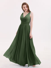 DOUBLE BEADED STRAP Chiffon Gowns with Slit Olive Green