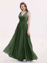 DOUBLE BEADED STRAP Chiffon Gowns with Slit Olive Green