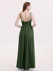 DOUBLE BEADED STRAP Chiffon Gowns with Slit Olive Green