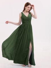 DOUBLE BEADED STRAP Chiffon Gowns with Slit Olive Green
